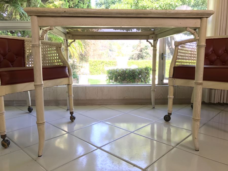 Hollywood Regency Card Table With Two Cane Sided Chairs On Casters [Photo 5]
