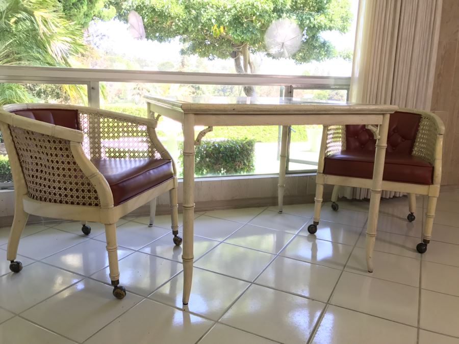 Hollywood Regency Card Table With Two Cane Sided Chairs On Casters [Photo 4]