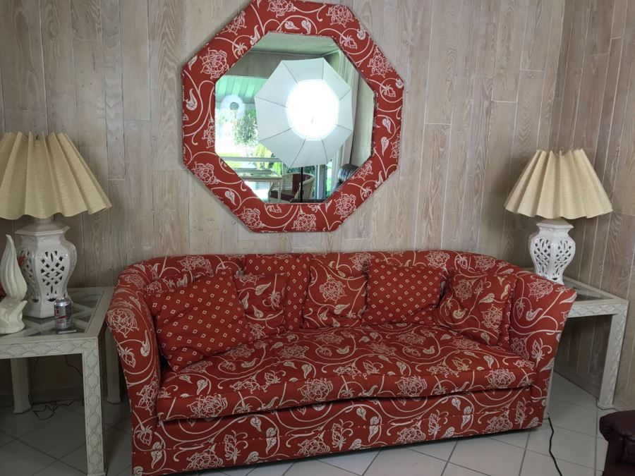 Upholstered Sofa On Casters And Matching Upholstered Mirror [Photo 3]