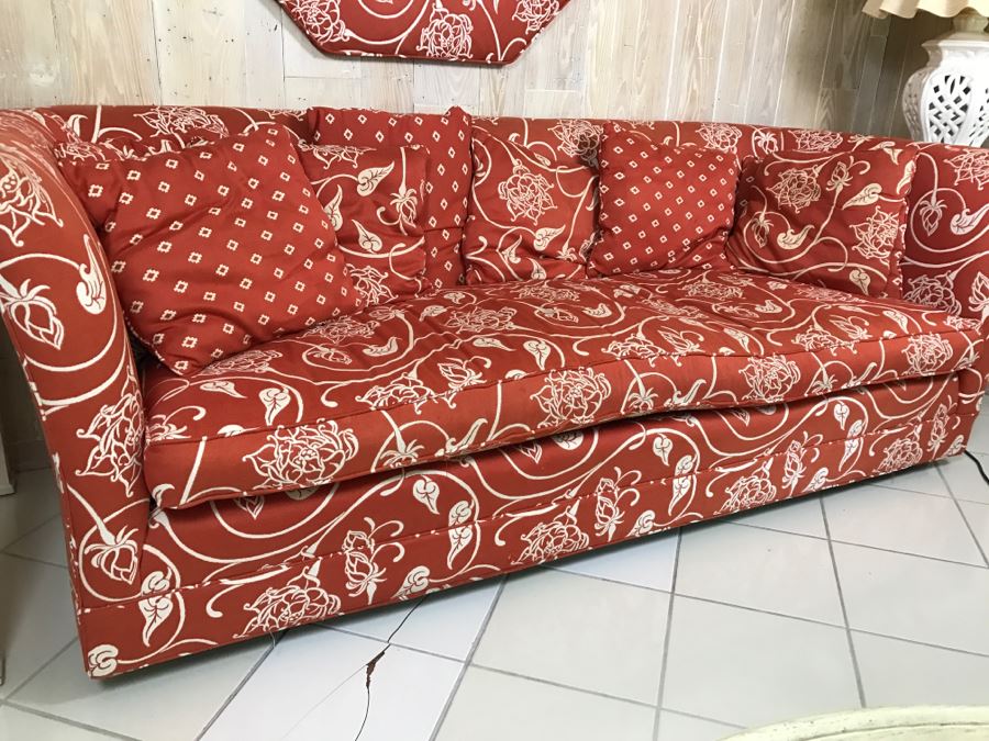 Upholstered Sofa On Casters And Matching Upholstered Mirror [Photo 4]