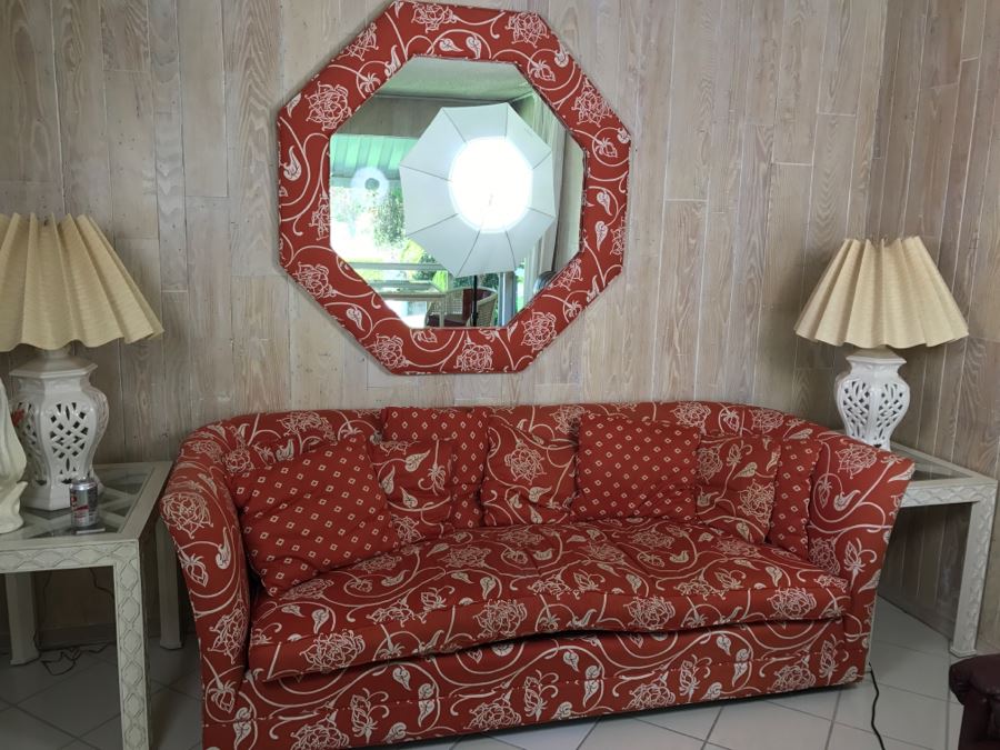 Upholstered Sofa On Casters And Matching Upholstered Mirror [Photo 2]