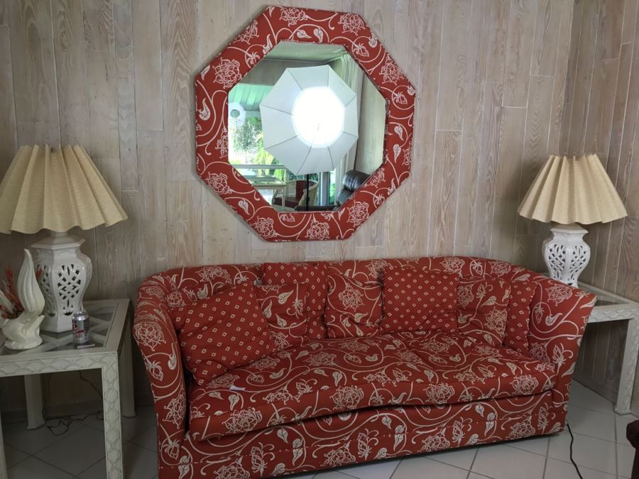 Upholstered Sofa On Casters And Matching Upholstered Mirror [Photo 1]