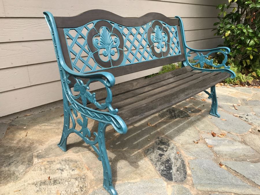 Ornate Deep Blue Metal and Dark Stained Wooden Bench [Photo 1]