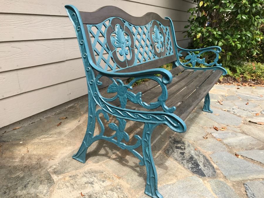 Ornate Deep Blue Metal and Dark Stained Wooden Bench [Photo 5]