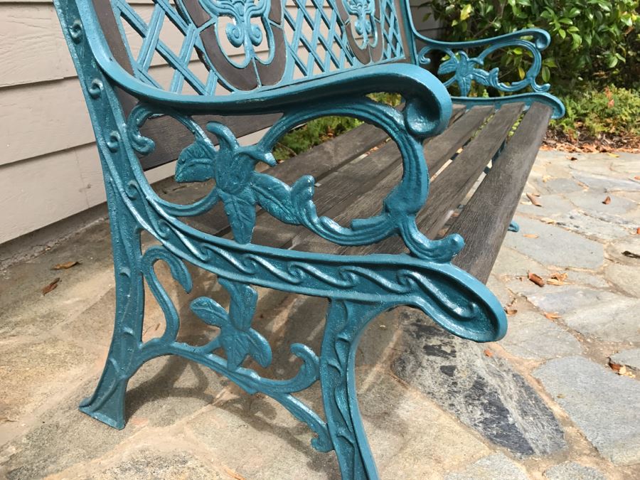 Ornate Deep Blue Metal and Dark Stained Wooden Bench [Photo 4]