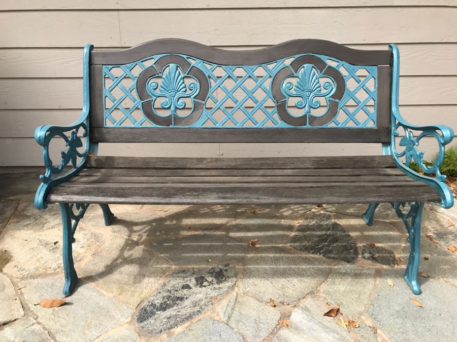 Ornate Deep Blue Metal and Dark Stained Wooden Bench [Photo 2]