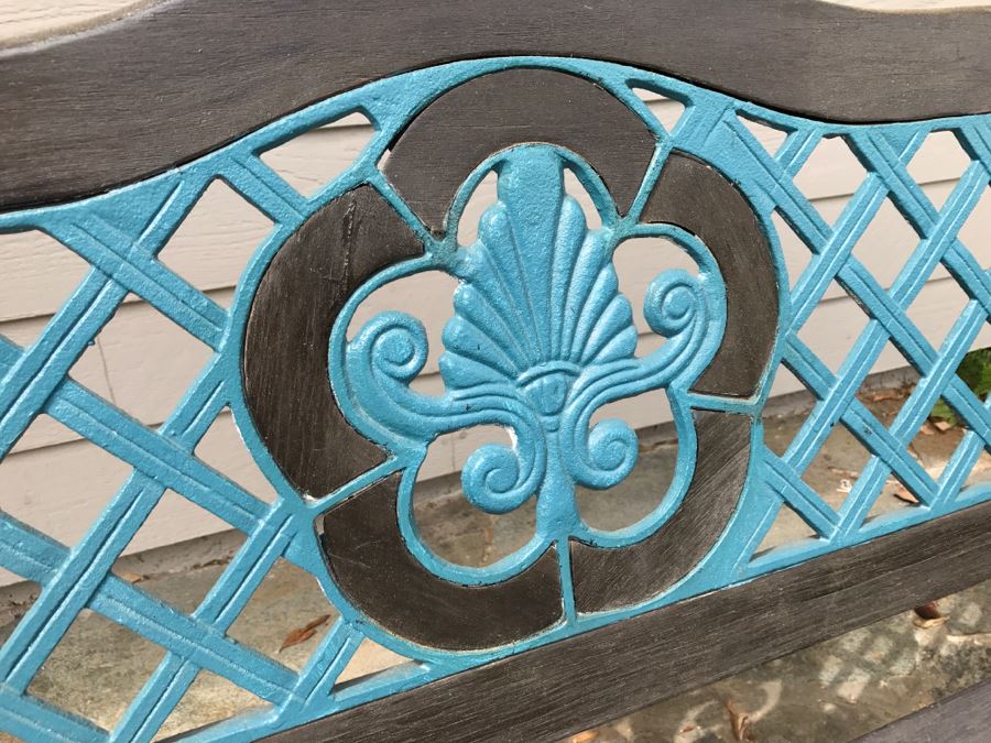 Ornate Deep Blue Metal and Dark Stained Wooden Bench [Photo 3]