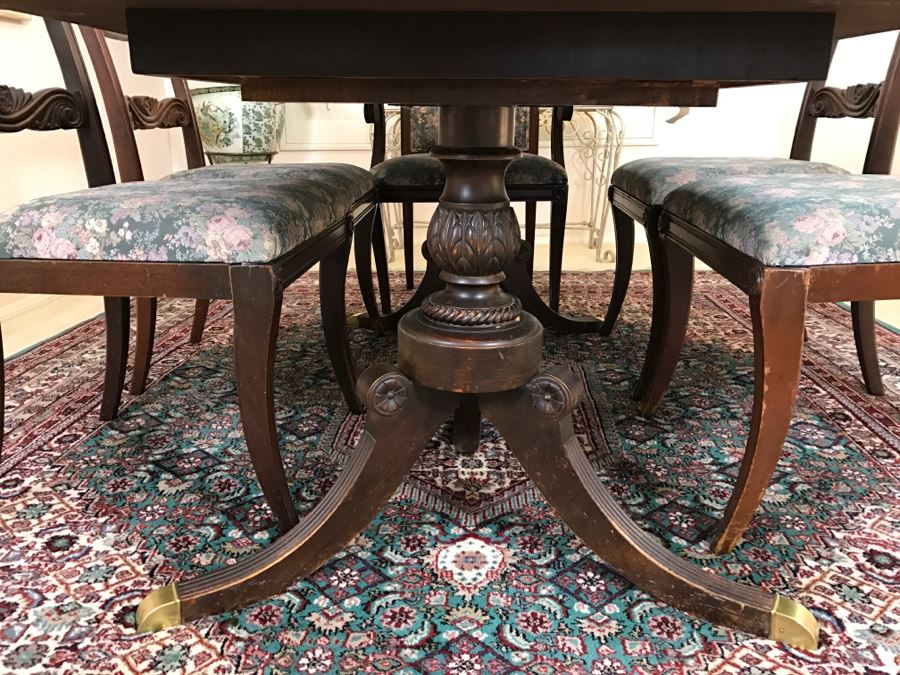 Stunning Vintage Duncan Phyfe Style Double Pedestal Dining Table From San Francisco Designed After Dining Table In The White House Extendable W/ 8 Chairs And 3 Leaves [Photo 17]