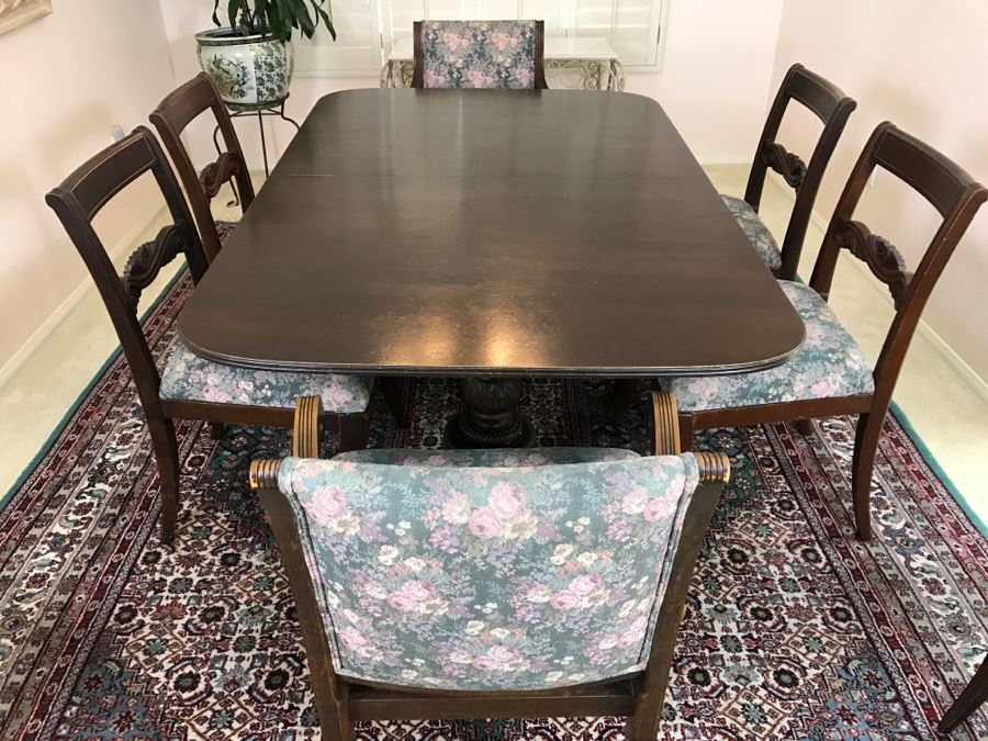 Stunning Vintage Duncan Phyfe Style Double Pedestal Dining Table From San Francisco Designed After Dining Table In The White House Extendable W/ 8 Chairs And 3 Leaves [Photo 2]