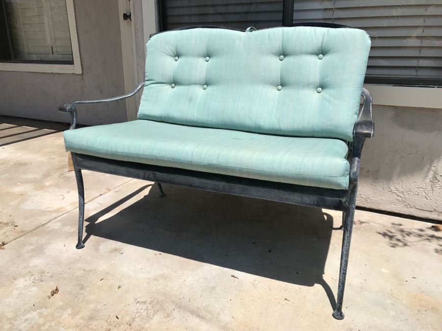 Black Aluminum Metal Patio Bench With Teal Cushions [Photo 2]