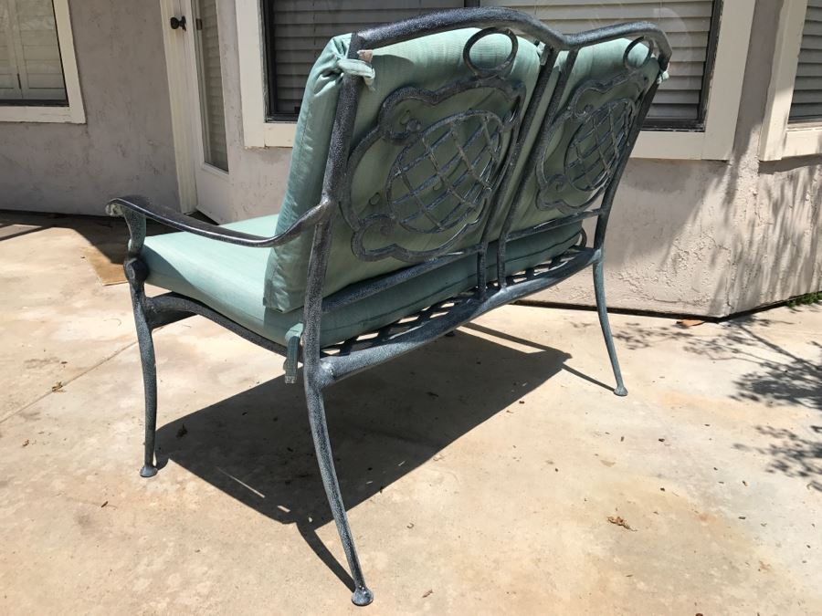 Black Aluminum Metal Patio Bench With Teal Cushions [Photo 3]