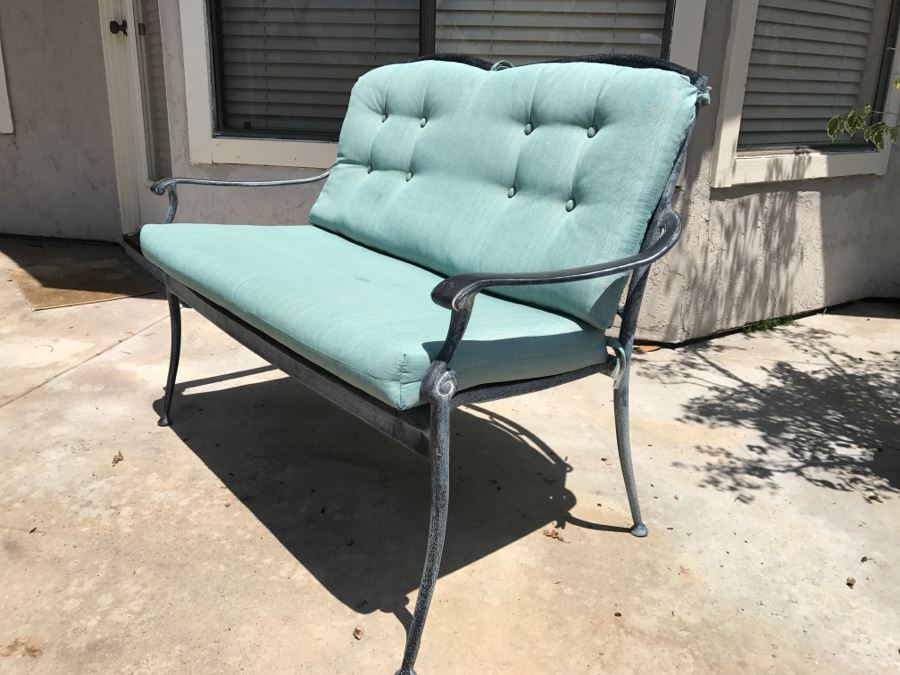 Black Aluminum Metal Patio Bench With Teal Cushions [Photo 1]