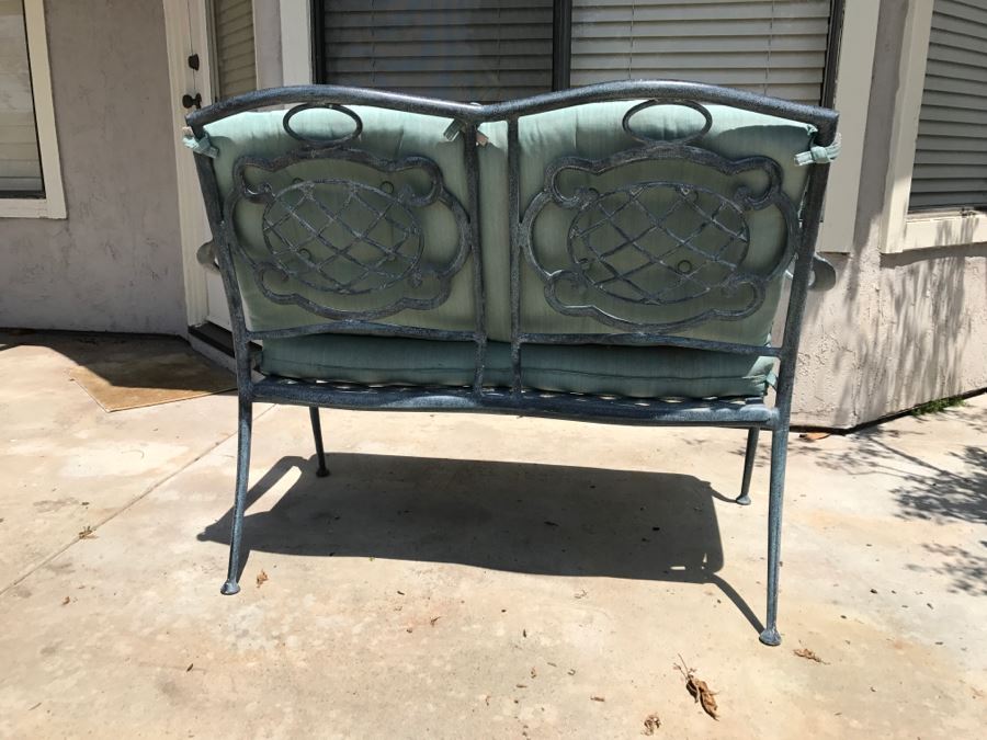 Black Aluminum Metal Patio Bench With Teal Cushions [Photo 4]