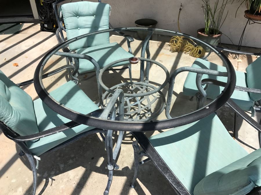 Glass And Metal Patio Set Teal Blue With Four Chairs [Photo 3]
