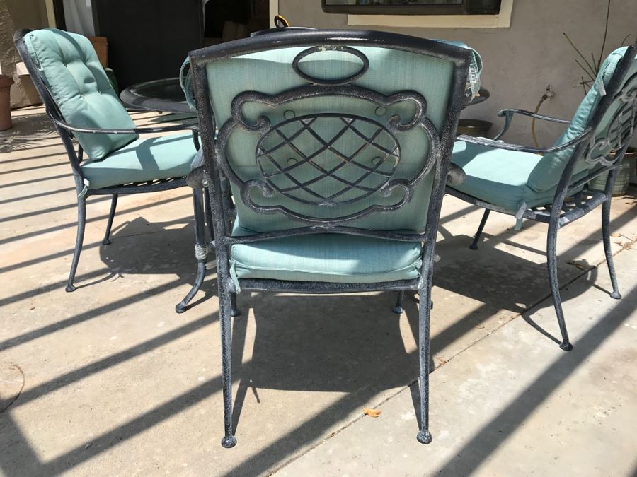 Glass And Metal Patio Set Teal Blue With Four Chairs [Photo 5]