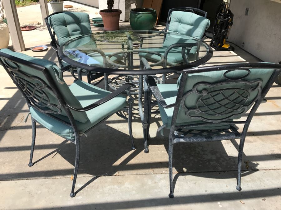 Glass And Metal Patio Set Teal Blue With Four Chairs [Photo 6]