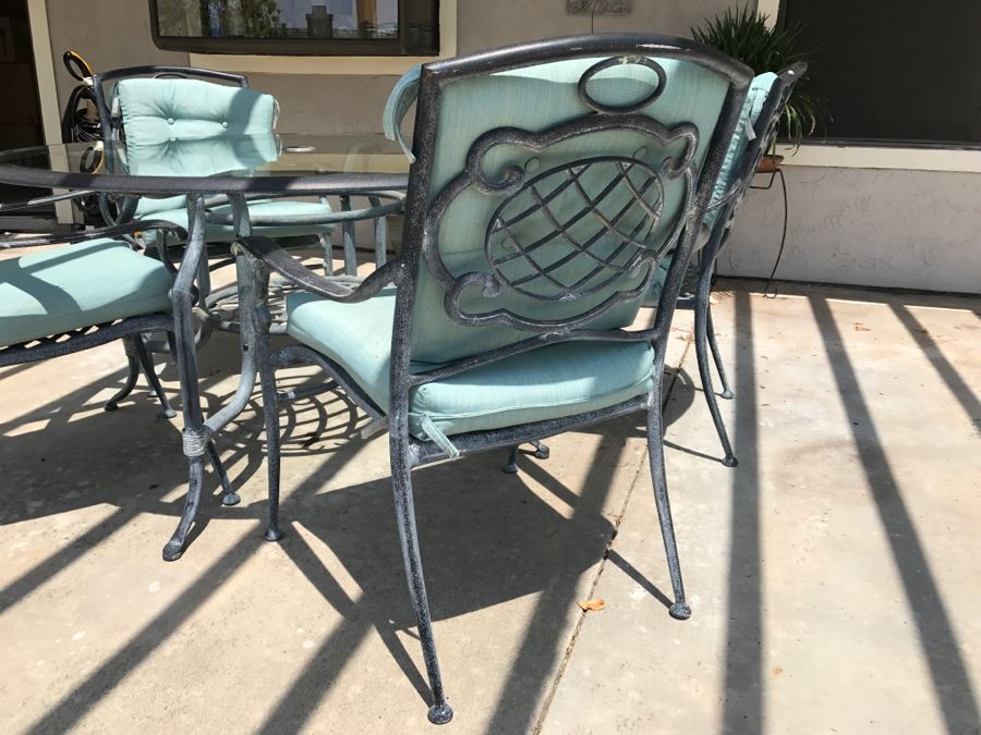 Glass And Metal Patio Set Teal Blue With Four Chairs [Photo 4]