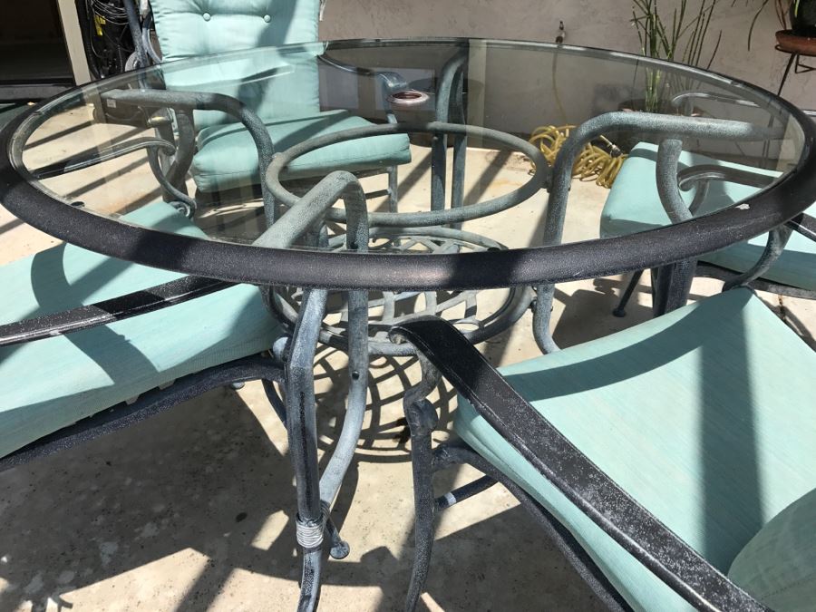 Glass And Metal Patio Set Teal Blue With Four Chairs [Photo 2]