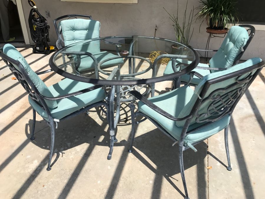 Glass And Metal Patio Set Teal Blue With Four Chairs