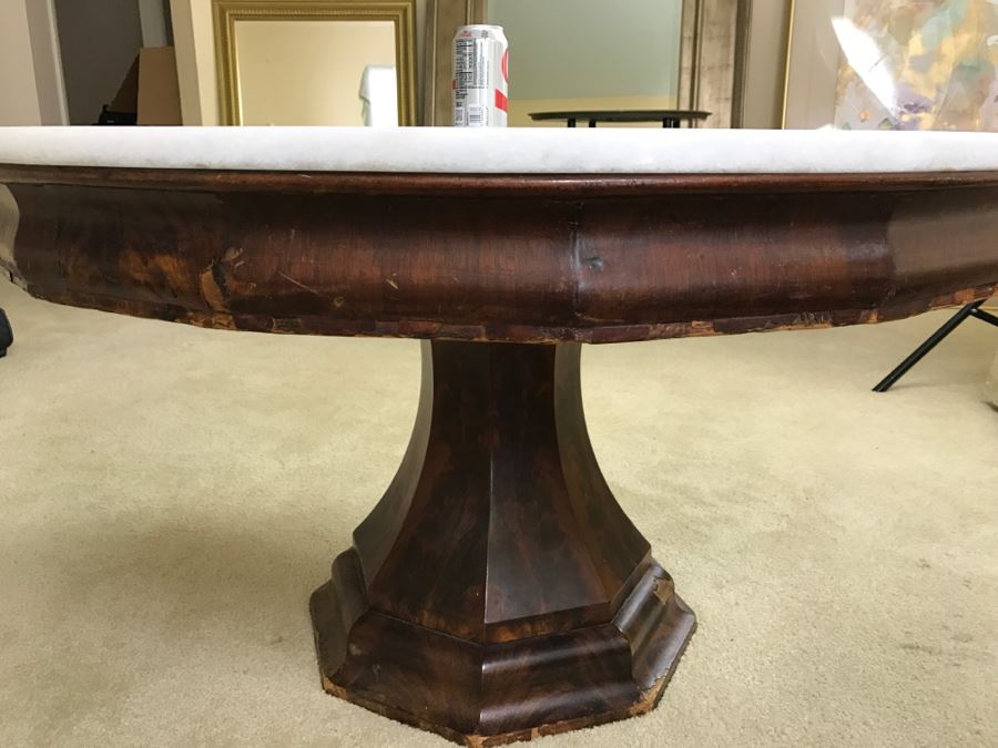 Small White Marble And Wooden Pedestal Table - Originally A Library Table [Photo 3]