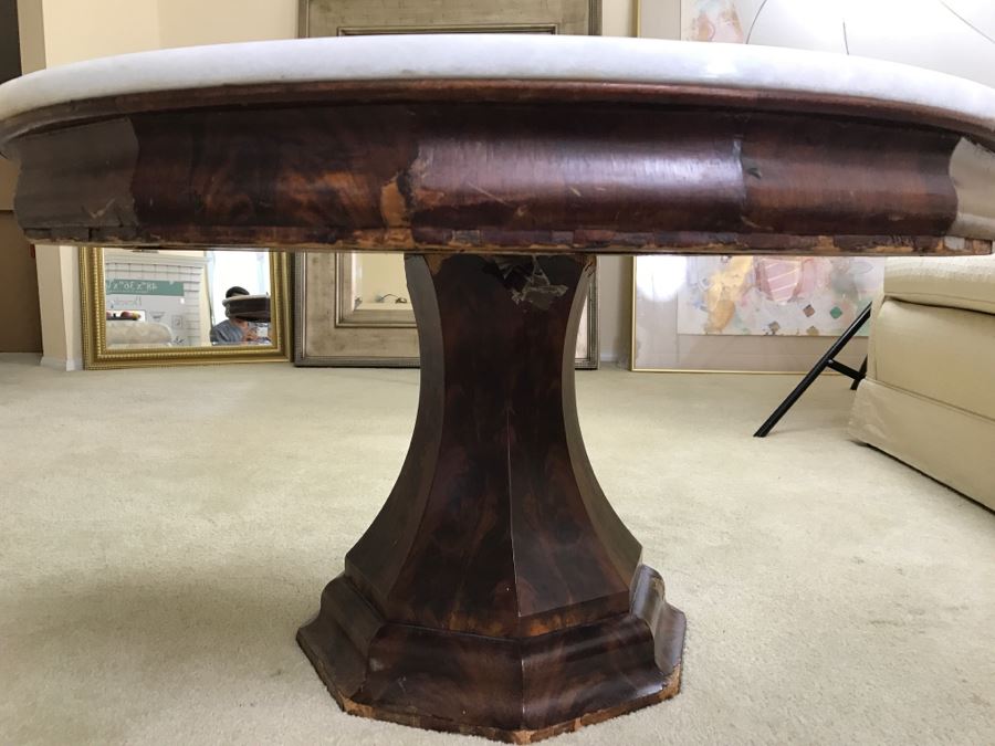 Small White Marble And Wooden Pedestal Table - Originally A Library Table [Photo 5]