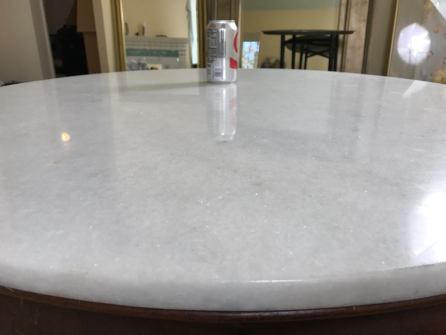 Small White Marble And Wooden Pedestal Table - Originally A Library Table [Photo 2]