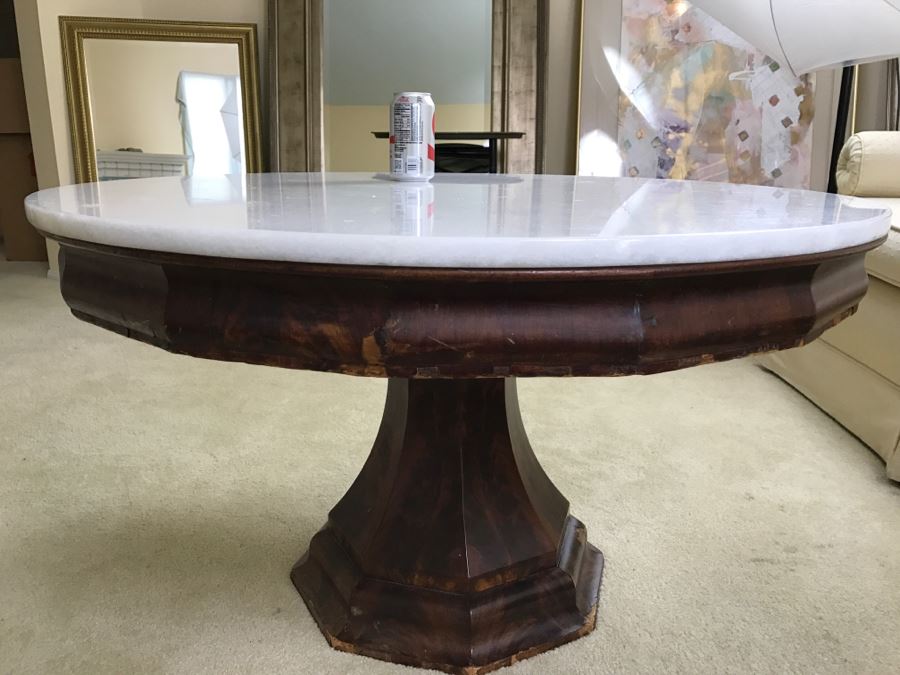 Small White Marble And Wooden Pedestal Table - Originally A Library Table [Photo 1]