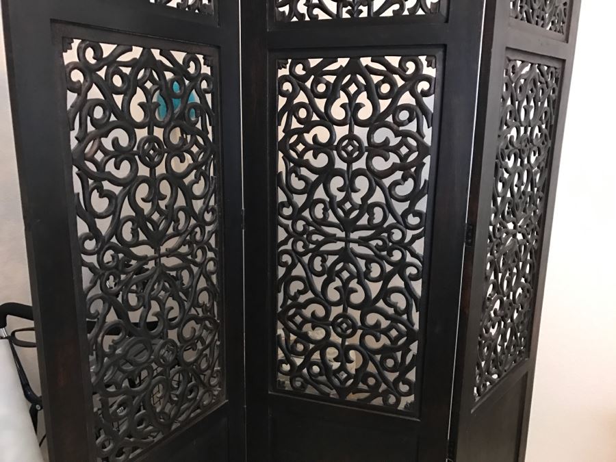 Stunning Ornate Carved Ironwood 3-Panel Space Room Divider Screen [Photo 3]
