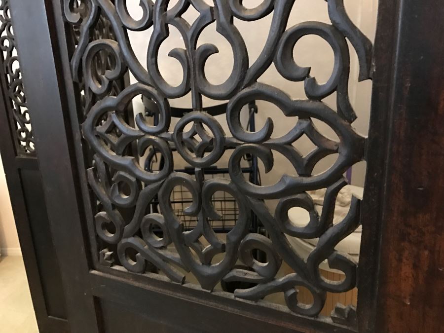 Stunning Ornate Carved Ironwood 3-Panel Space Room Divider Screen [Photo 12]