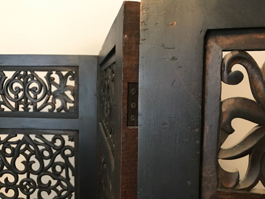 Stunning Ornate Carved Ironwood 3-Panel Space Room Divider Screen [Photo 8]