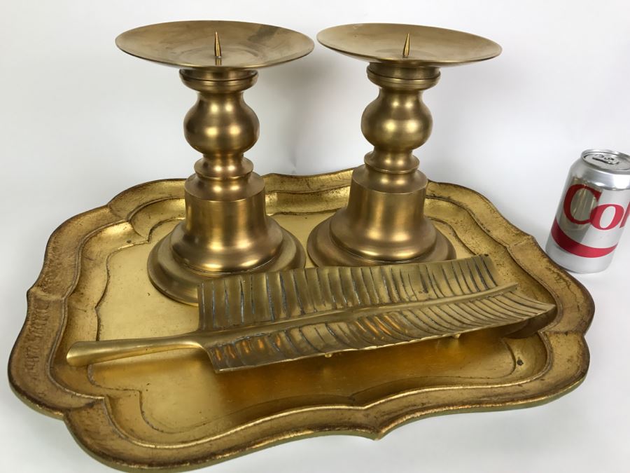 Pair Of Brass Candle Holders, Gold Italian Tray And Brass Leaf