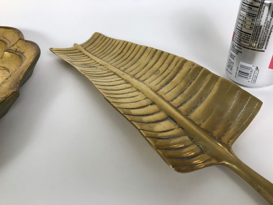 Pair Of Brass Candle Holders, Gold Italian Tray And Brass Leaf [Photo 7]