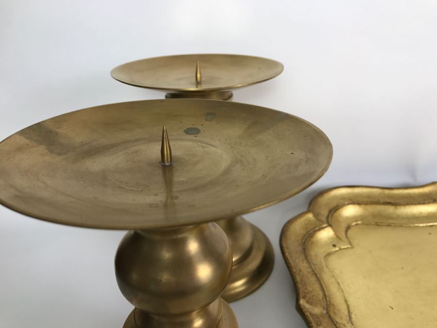 Pair Of Brass Candle Holders, Gold Italian Tray And Brass Leaf [Photo 5]