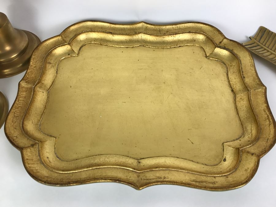 Pair Of Brass Candle Holders, Gold Italian Tray And Brass Leaf [Photo 3]