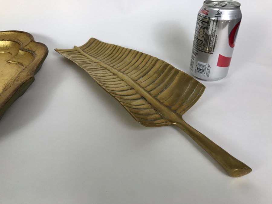 Pair Of Brass Candle Holders, Gold Italian Tray And Brass Leaf [Photo 6]