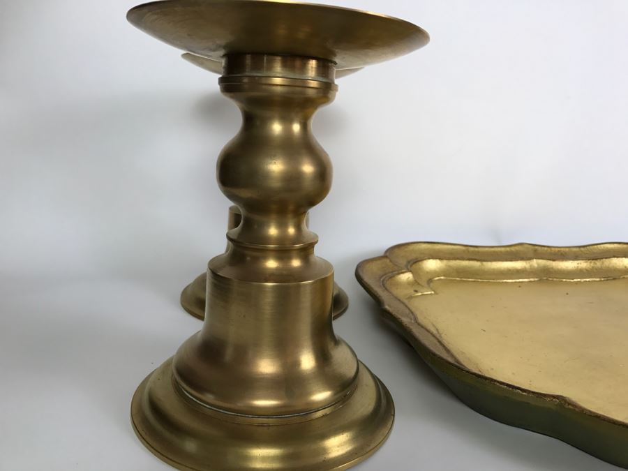 Pair Of Brass Candle Holders, Gold Italian Tray And Brass Leaf [Photo 4]