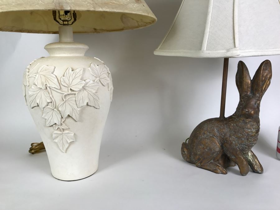 Set of 2 Lamps - Ceramic Rabbit Lamp And Pottery Style Lamp With Leaves