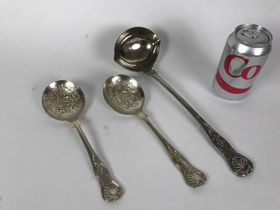 Pair Of Ornate Sheffield England Serving Spoons Plus F B Rogers Spoon
