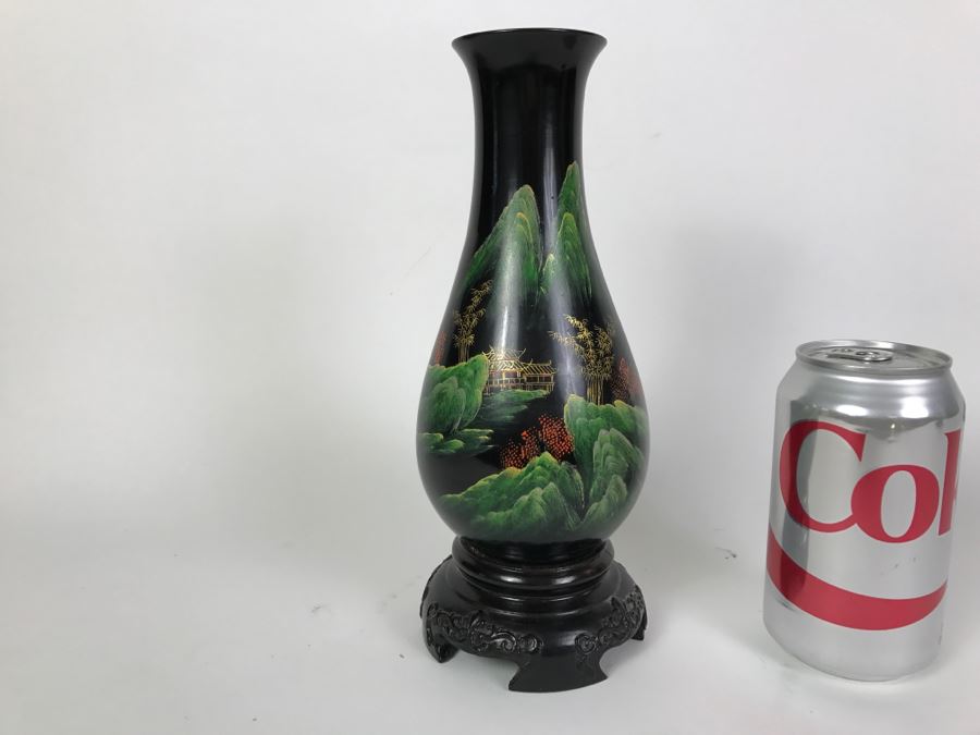 Vintage Chinese Black Lacquer Hand Painted Vase [Photo 5]