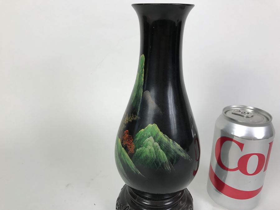 Vintage Chinese Black Lacquer Hand Painted Vase [Photo 11]