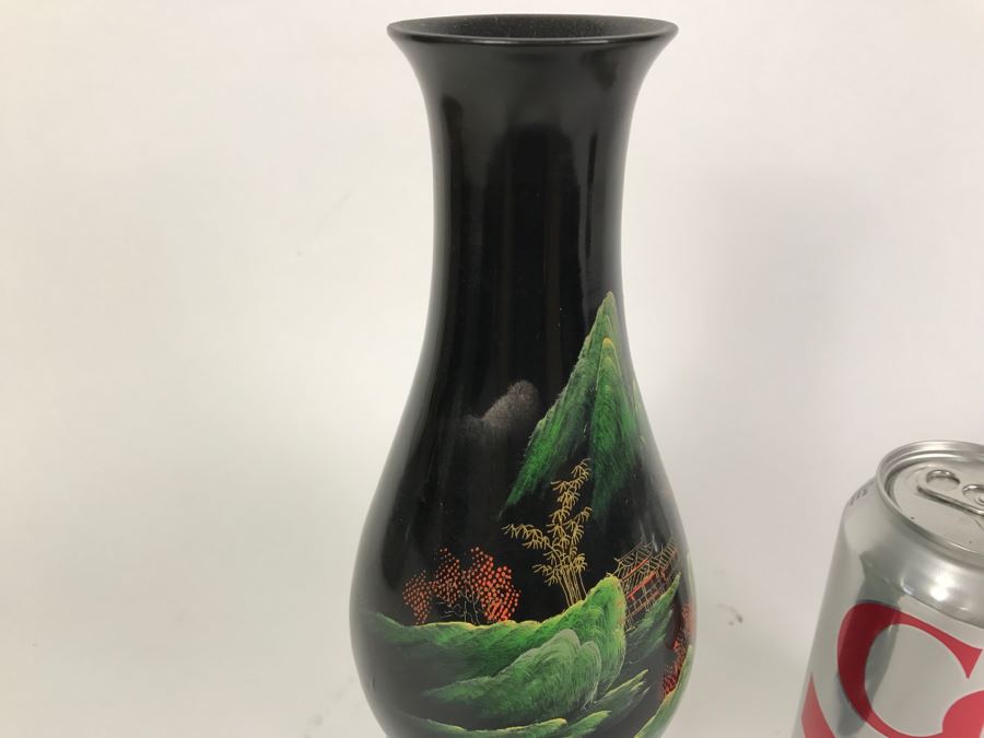 Vintage Chinese Black Lacquer Hand Painted Vase