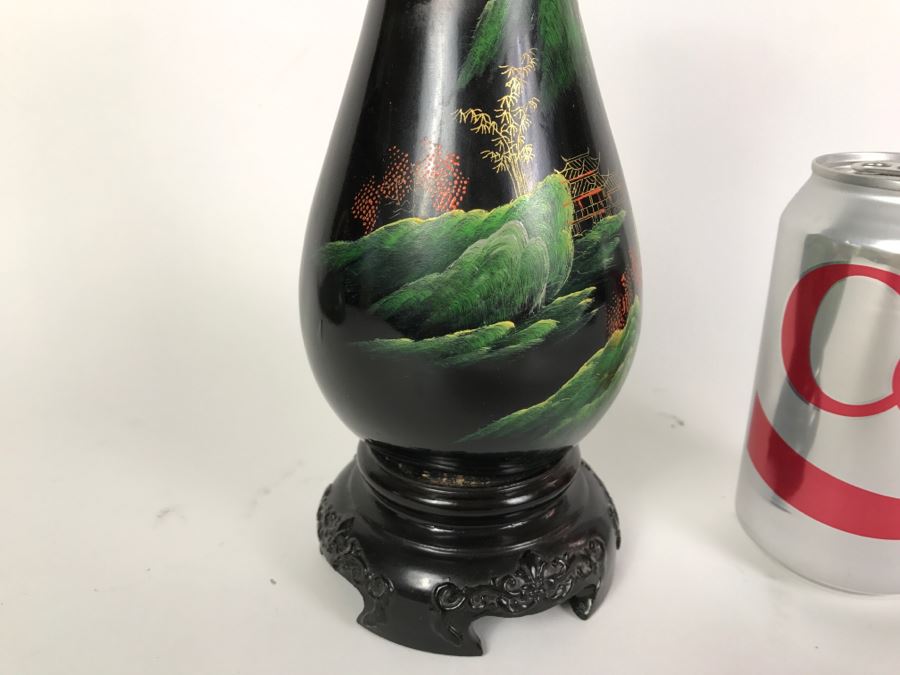 Vintage Chinese Black Lacquer Hand Painted Vase [Photo 8]