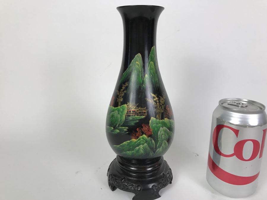 Vintage Chinese Black Lacquer Hand Painted Vase [Photo 1]