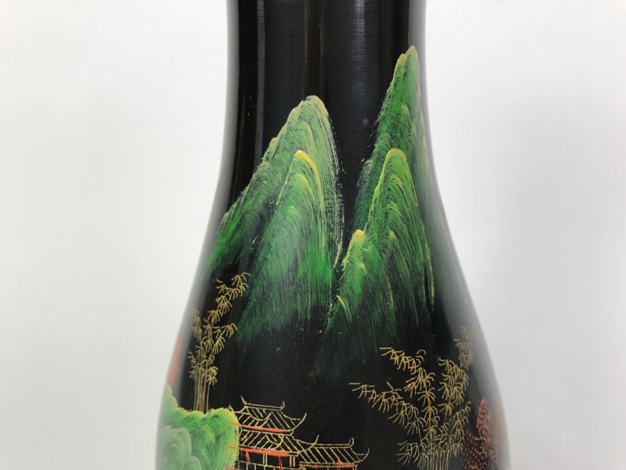 Vintage Chinese Black Lacquer Hand Painted Vase [Photo 6]