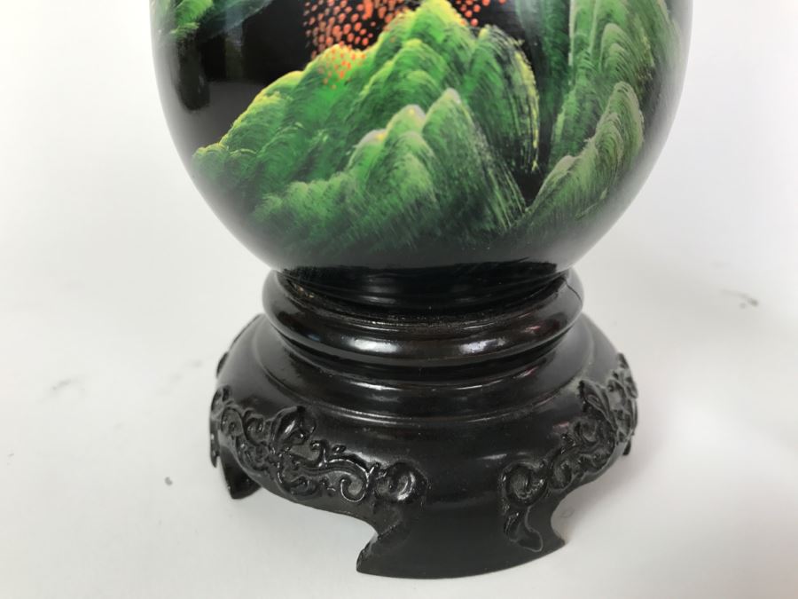 Vintage Chinese Black Lacquer Hand Painted Vase [Photo 7]