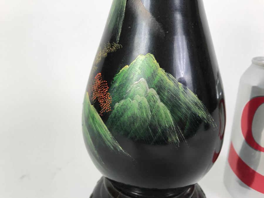 Vintage Chinese Black Lacquer Hand Painted Vase [Photo 12]