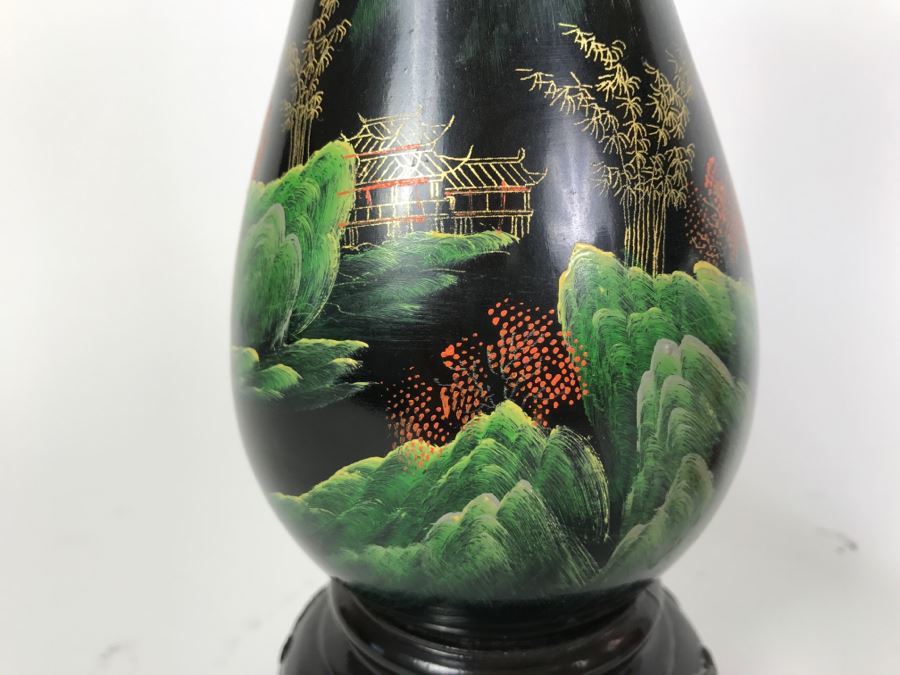 Vintage Chinese Black Lacquer Hand Painted Vase [Photo 4]