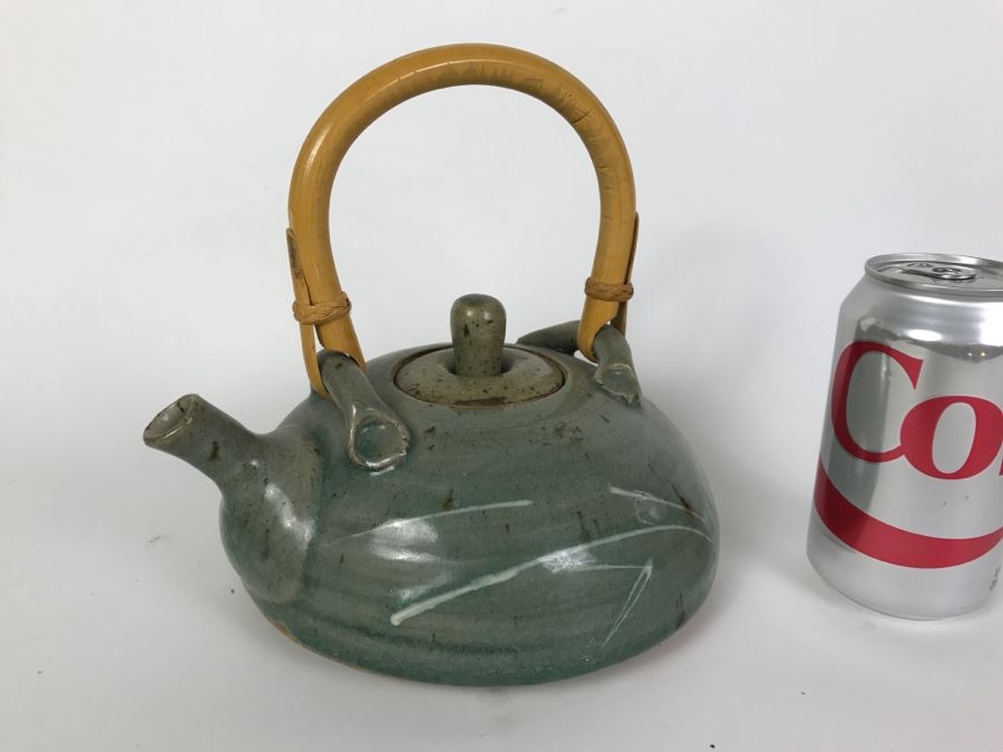 Vintage Klausner Signed Stoneware Pottery Teapot With Wooden Handle