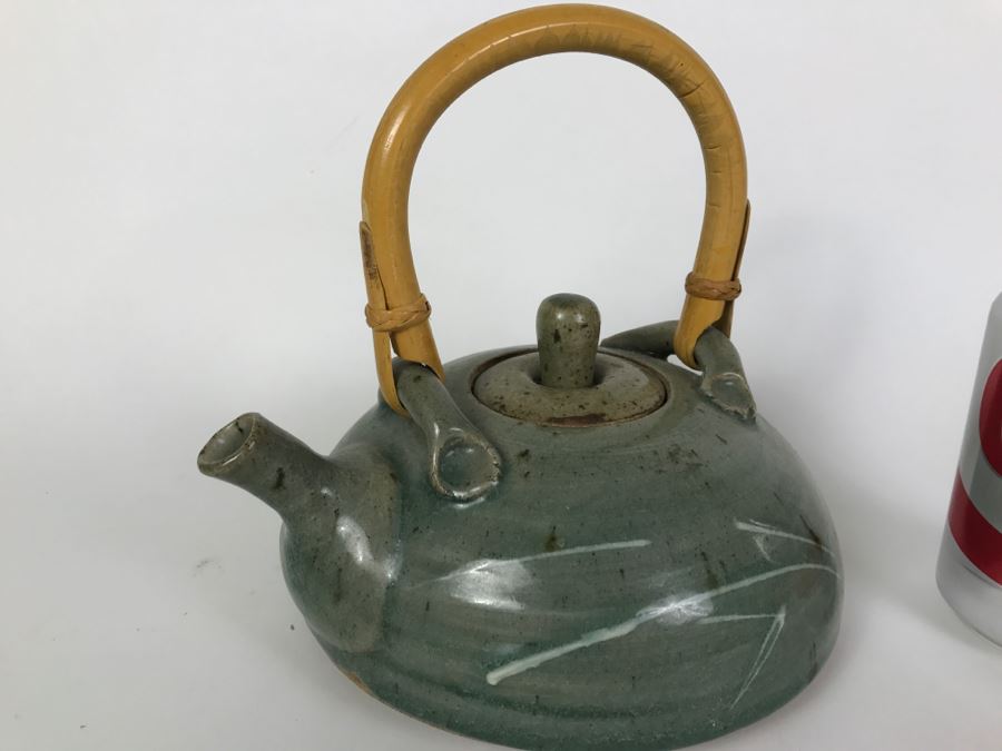 Vintage Klausner Signed Stoneware Pottery Teapot With Wooden Handle [Photo 2]