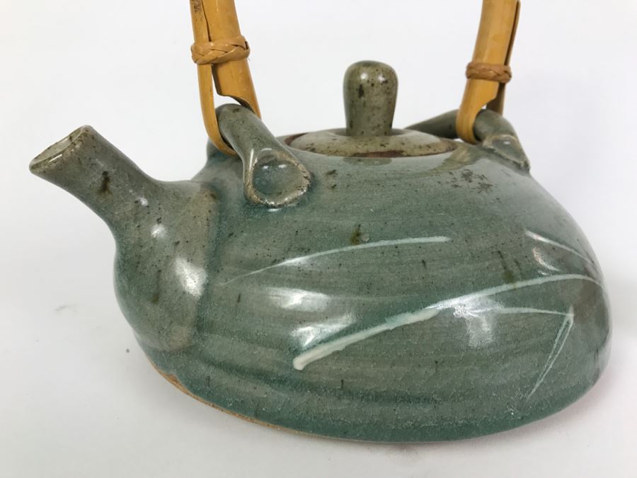Vintage Klausner Signed Stoneware Pottery Teapot With Wooden Handle [Photo 3]